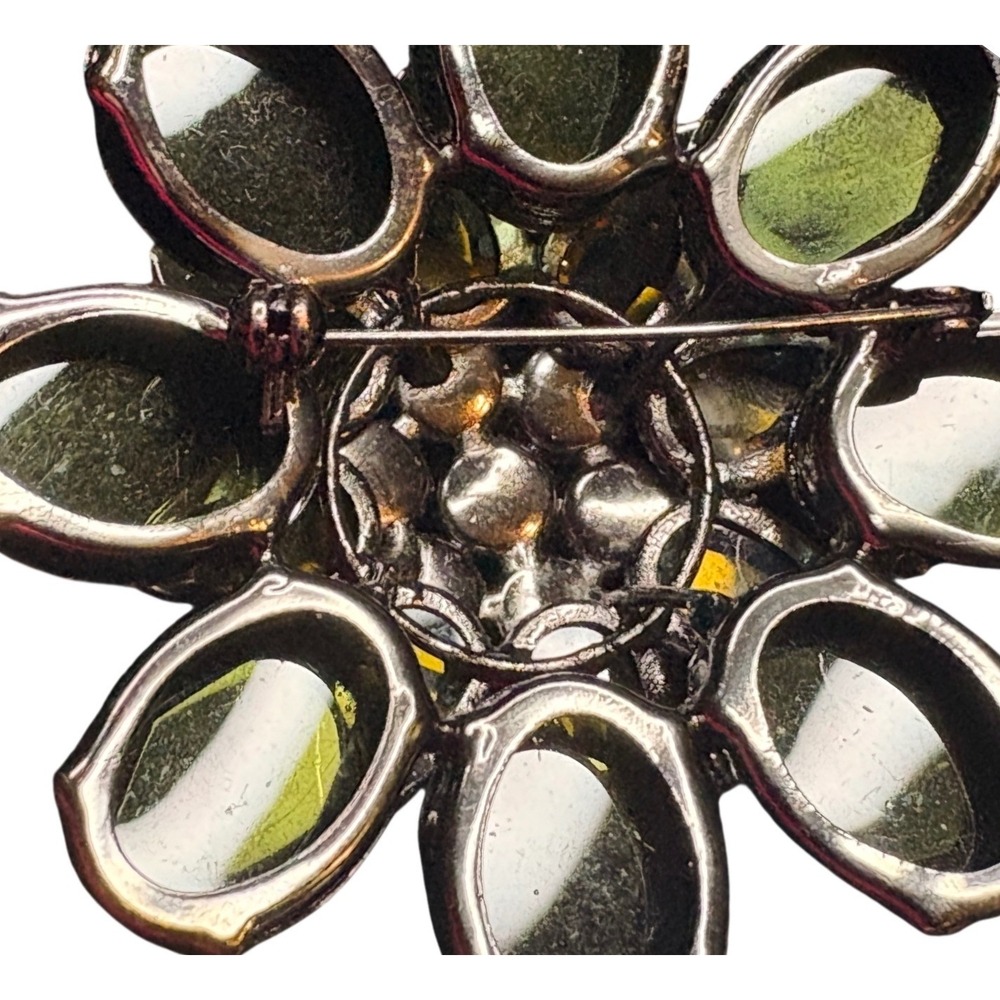 Vintage Style Layered Flower Brooch Olive Green Chartreuse Iridescent Statement - Picture 6 of 7